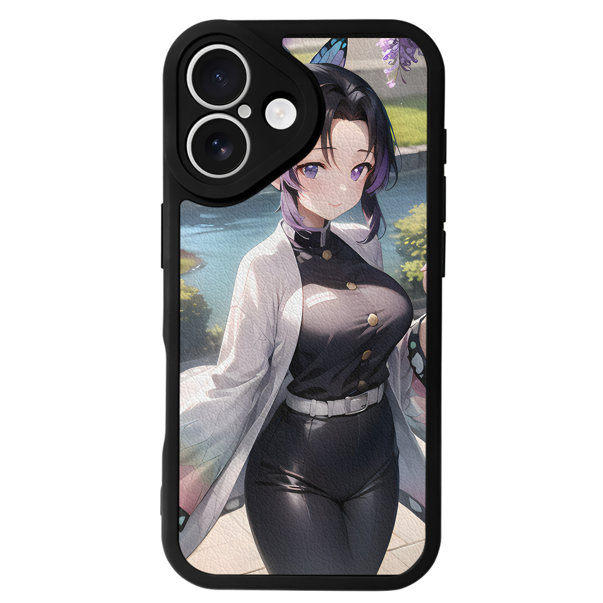 （画像用） 鬼滅の刃（きめつのやいば）蟲柱-胡蝶 しのぶ／こちょう しのぶ Kochou Shinobu 【iPhone 16シリーズ対応】シリコンスマホケース（レザー調） 材質：シリコン